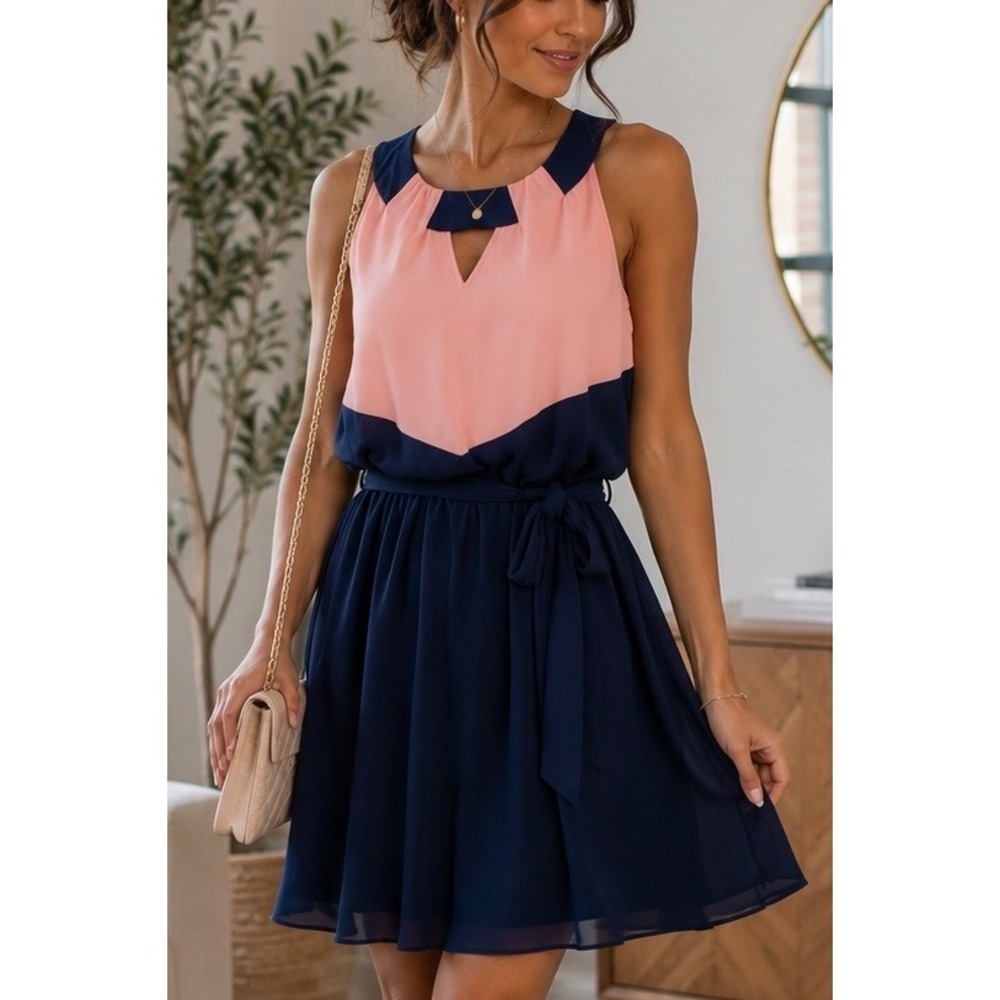 IN San Francisco Navy Peach Fit & Flare Dress Keyhole Sleeveless Size M